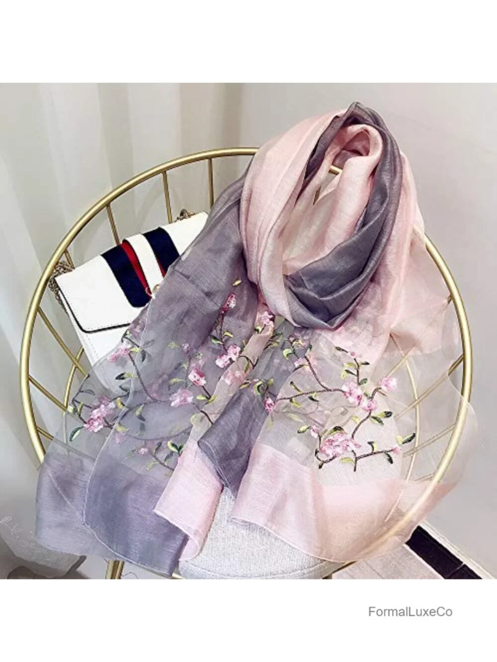 Silk&Wool Gradient Embroidered Scarf Headwrap Shawl Large